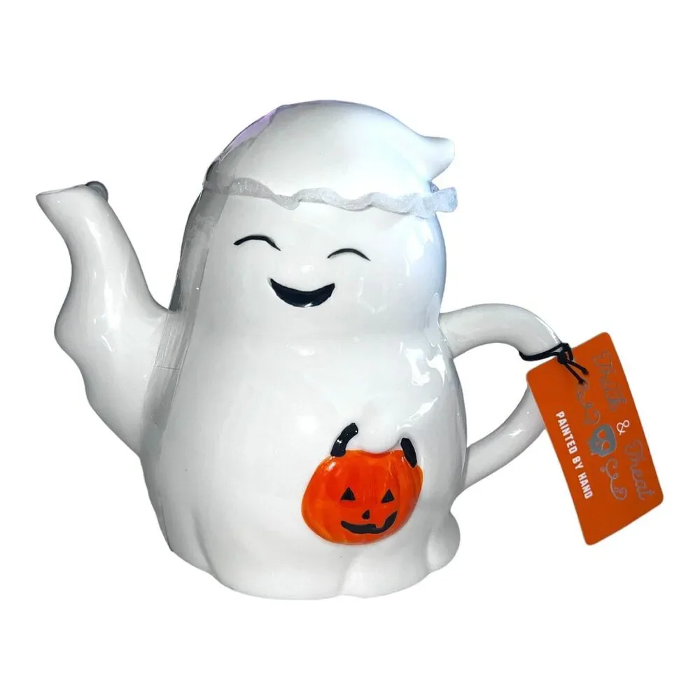 Trick & Treat Halloween Smiling Ghost W Pumpkin Ceramic Hand-painted Teapot NEW
